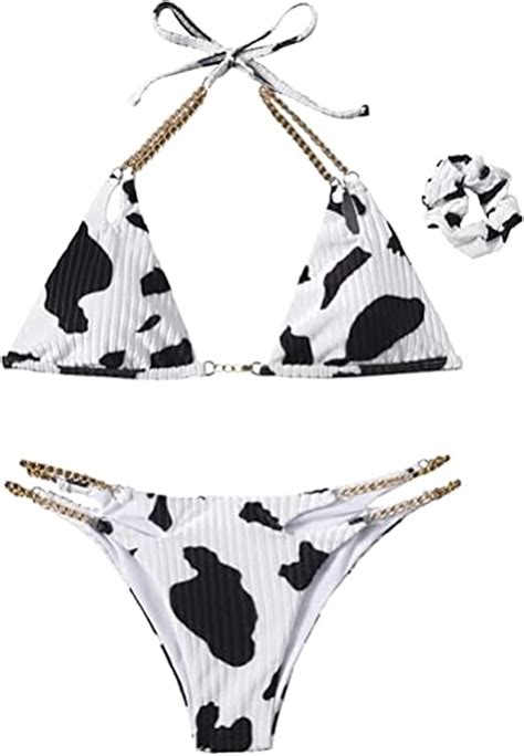 Womens Cow Print Bikini Set Halter Triangle Top Chain Link Cutout