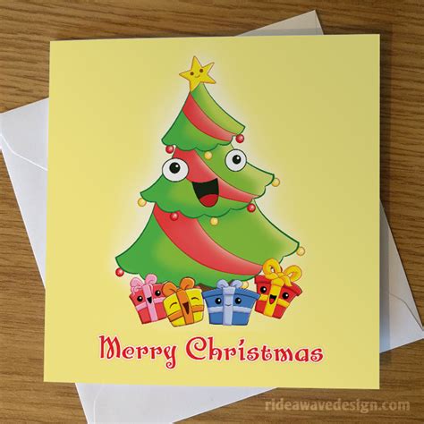 Cartoon Christmas Tree Card Cute Greeting Cards Ride A Wave Design