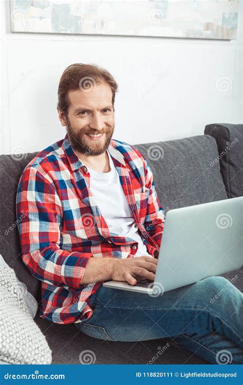 Bearded Man Using Laptop And Smiling Stock Image Image Of Caucasian