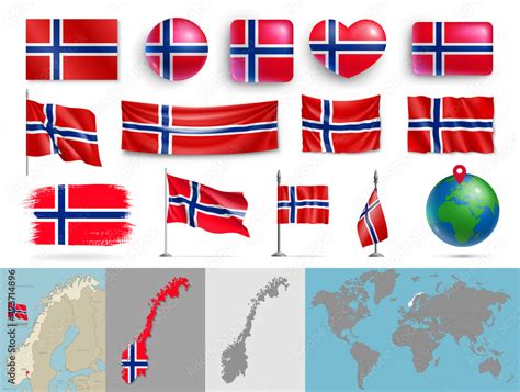 Norway Flags Of Various Shapes And Geographic Map Set Norwegian Realistic Flags Glossy Buttons