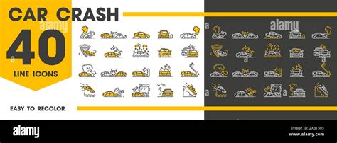 Car Crash Line Icons Of Traffic Accident And Vehicle Collision On Road