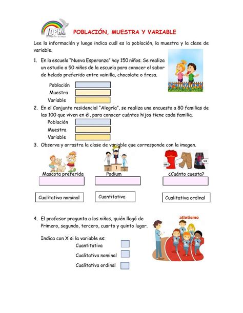 Población muestra y variable worksheet School subjects Google