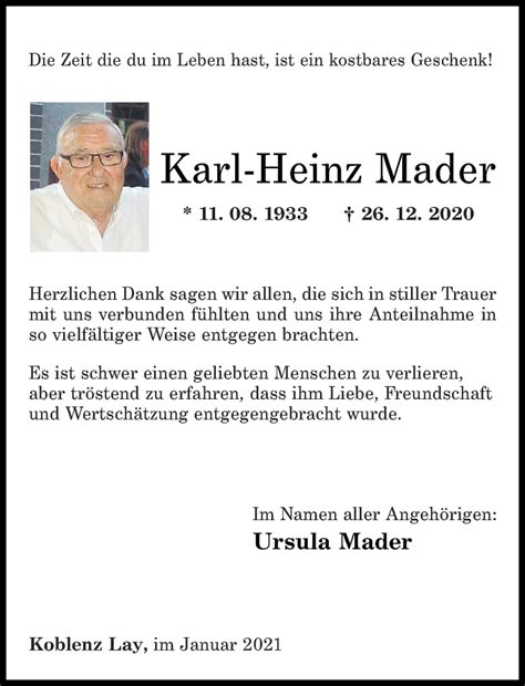 Traueranzeigen Von Karl Heinz Mader Rz Trauer De