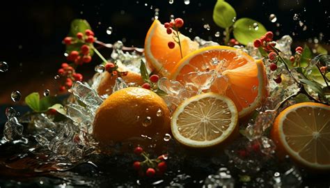 Freshness Of Nature Bounty Juicy Citrus Fruits Wet With Dew Generated