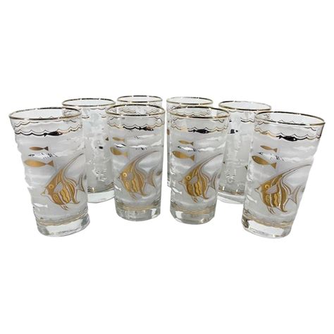 Drink And Barware Home And Living Drinkware Mid Century Set Of Eight Libbey Gilded And Frosted Golden