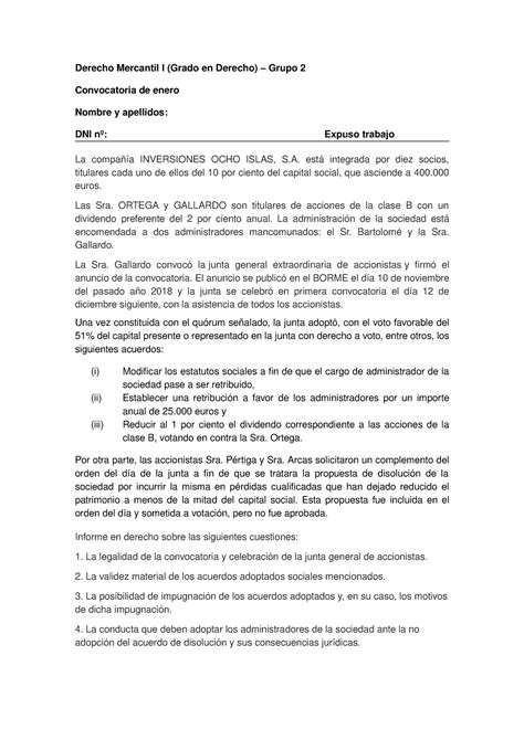 Examen Enero Derecho Mercantil I Grado En Derecho Grupo