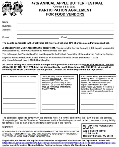 Apple Butter Festival Vendor Form - Berkeley Springs West Virginia