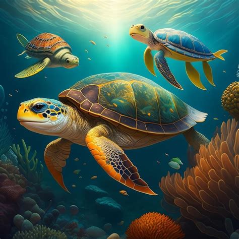 Una pintura de una tortuga y una tortuga nadando en el océano Foto