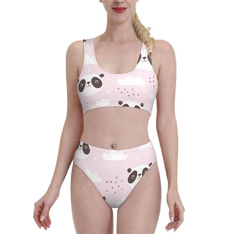 Bixox Cute Panda Pattern Two Piece Sports Bikini With U Shaped Top And