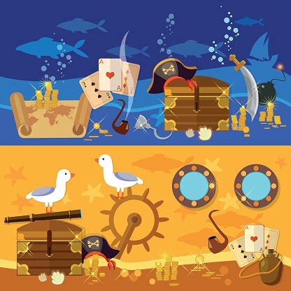 Pirate Adventure Banners Underwater Treasure Stock Clipart Royalty