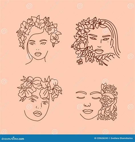 Elegant Women S Faces In One Line Art Style With Flowers In Hairs