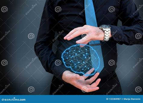 Man Holding Glowing Polygonal Brain On Dark Background Stock Image