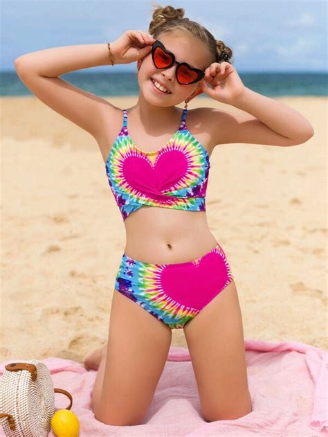 Teen Girl Tie Dye Heart Print Crisscross Bikini Swimsuit SHEIN UK