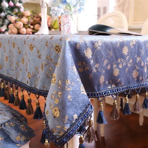 Fashion Modern Home Cloth Line Cotton Blue Flowers Tassels Tablecloth