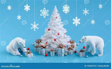 Cute Polar Bears Near Illuminated Christmas Tree With Presents Stock