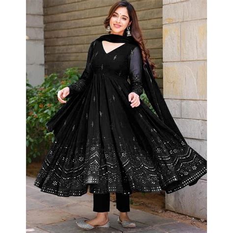 Black Georgette Thread Sequence Work Party Wear Anarkali Suit Black