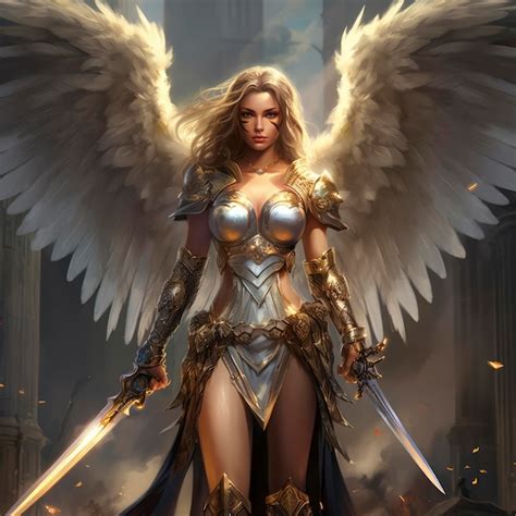 A beautiful goddess with wings and a sword standing in front of a building | Premium AI ...