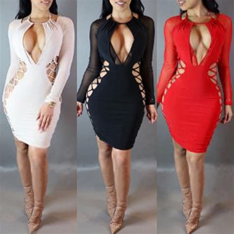 Womens Sexy Deep V Neckline Long Sleeve Dress Backless Bandage Dress Party Clubwear Tight