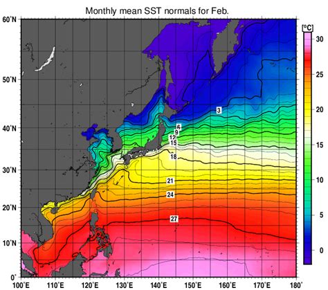 気象庁 海水温・海流の知識 北西太平洋 月平均海面水温平年値（2月）