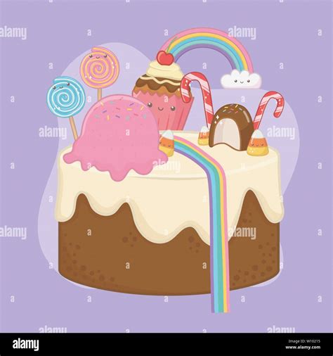 Sweet Cake Of Chocolate Cream With Kawaii Characters Vector