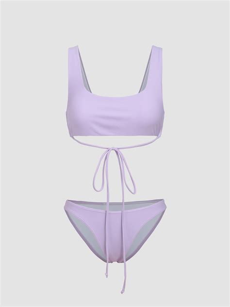 Solid Square Neck Knotted Bikini Swimsuit Cider