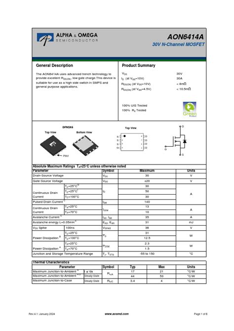 Aon A Datasheet Mosfet Equivalent Alpha Omega Semiconductors