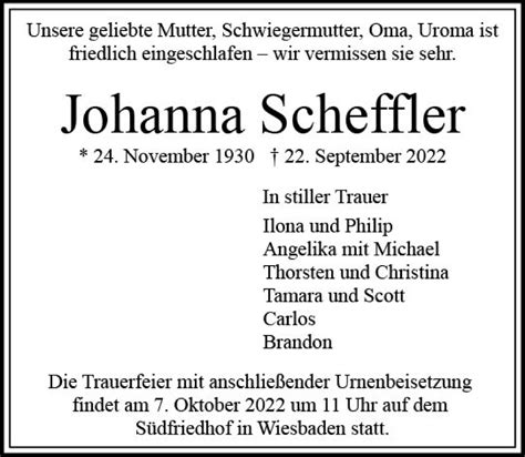 Traueranzeigen Von Johanna Scheffler Vrm Trauer De