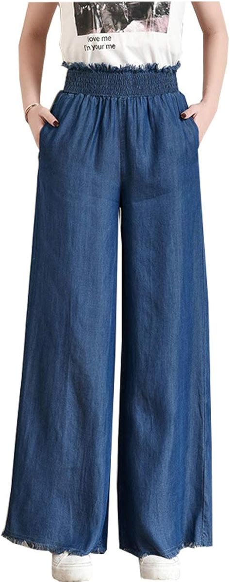 Hixiaohe Womens Summer Casual High Waist Tencel Denim Wide Leg Cropped