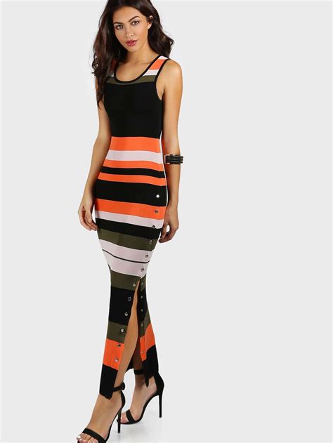 Snap Button Bodycon Maxi Dress Multi Shein Sheinside