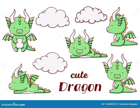 Establecer Lindos Garabatos De Dragón Verde Dibujados A Mano Kawaii