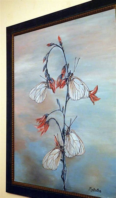 ORIGINAL Butterflies Oil Painting, White Butterflies on a Red Flower ...