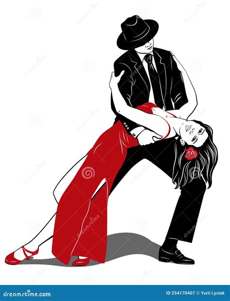 A Pair Dancing Argentine Tango Woman In Red Dress Man In Black Suit Pin Up Pop Art Style