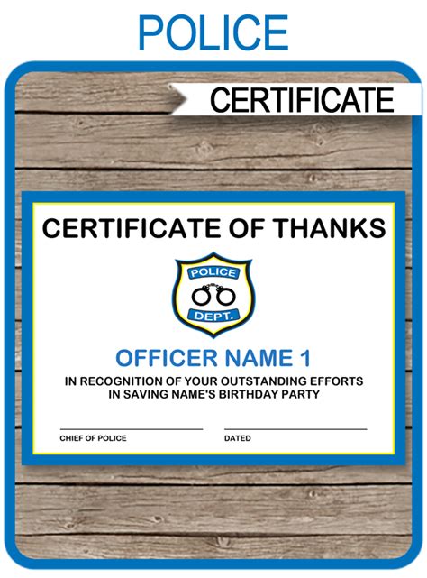 Printable Police Officer Certificate Template Police Birthday Party