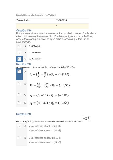 Apol 4 Cáculo Diferencial E Integral Provas Cálculo Diferencial E