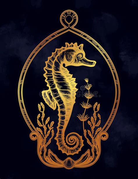 Hand Drawn Seahorse With Sea Plants Vintage Vector Illustration