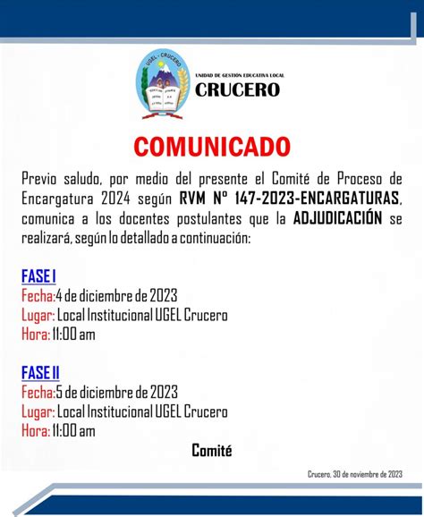 COMUNICADO ADJUDICACIÓN PROCESO DE ENCARGATURA 2024 RVM N147 2023