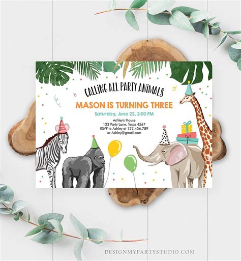 Editable Party Animals Birthday Invitation Wild One Animals Invitation