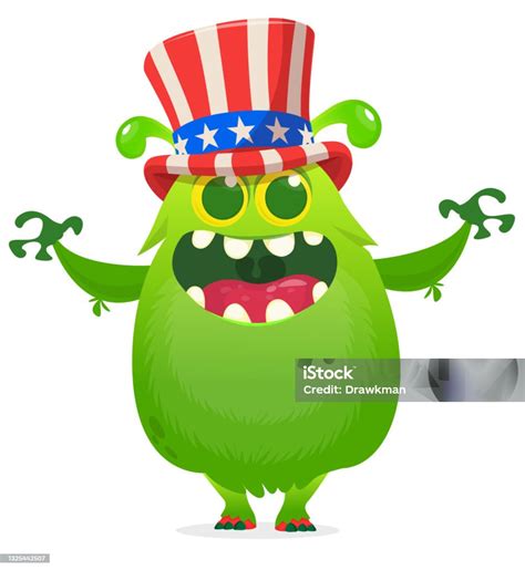 Kartun Monster Lucu Mengenakan Topi Paman Amerika Sam Pada Hari