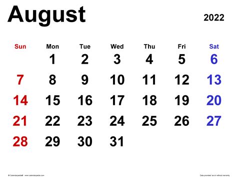 August Calendar Templates For Word Excel And Pdf