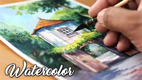 Beautiful Watercolor Painting Of House And Tree Leaves Watercolour