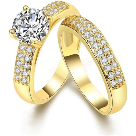 2 pièces Taille 57 Ensemble de bague de mariage étincelant 18k jaune