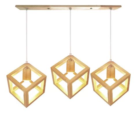 Lampara Colgante Madera Geometric 3 Luces Cubo E27 Riel Cuotas Sin