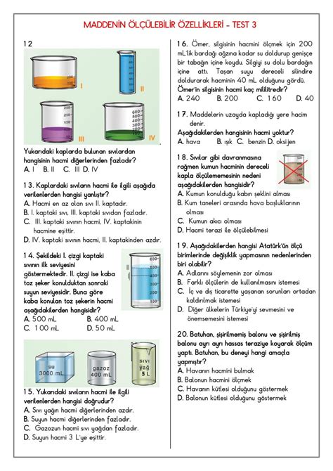 Fen Bilimleri Maddeyi Tanıyalım Konu Testleri