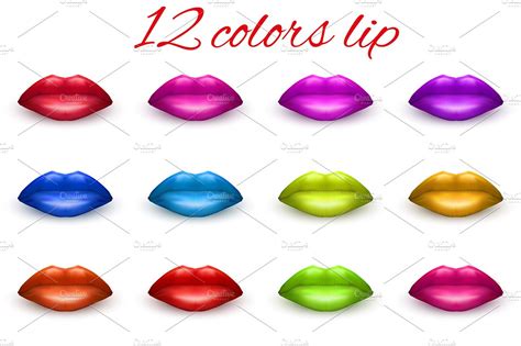 Set Of 12 Lips In Different Colors Graphic Objects Creative Market