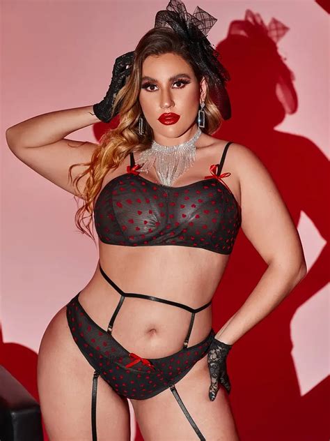 Plus Size Contrast Lace Semi Sheer Sexy Lingerie Set Womens Plus Solid