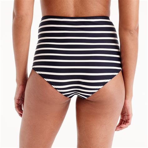 J Crew Synthetic High Waisted Bikini Bottom In Nautical Stripe In Navy