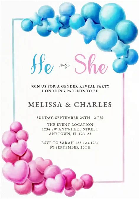 Pink And Blue Balloon Frame Free Gender Reveal Invitation Templates