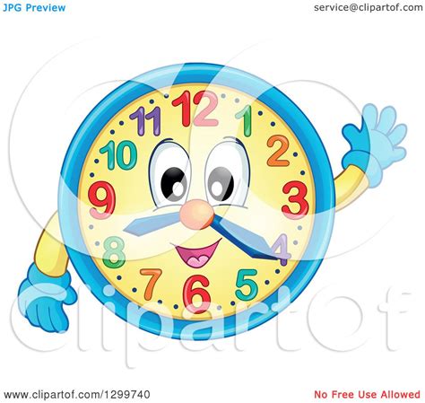 Clipart Of A Happy Wall Clock Character Waving Royalty Free Vector