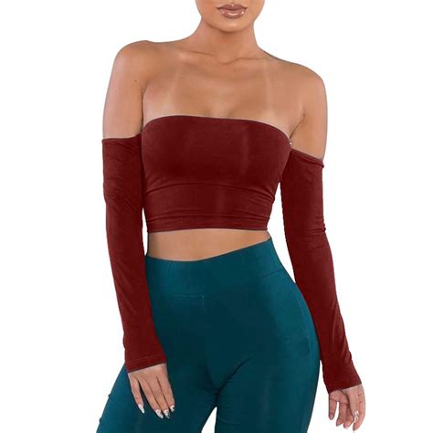 Tob Women S Sexy Lace Up Off Shoulder Long Sleeve Solid Club Crop Top