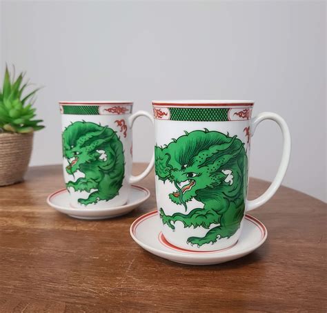 Dragon Crest Green Mugs With Small Saucers Underplate By Fitz Floyd